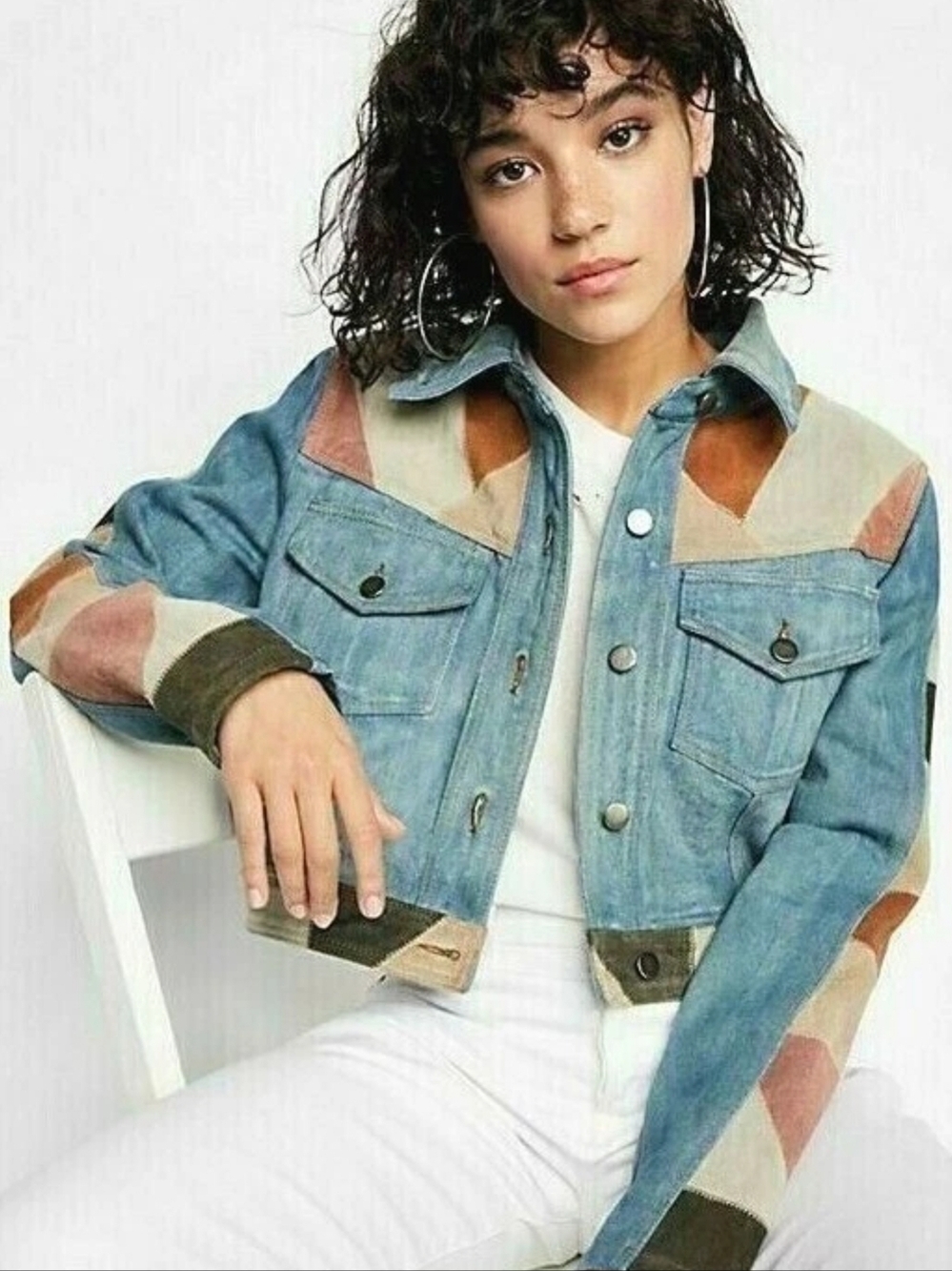 We The Free Free People Dallas Suede Denim Jacket M Patchwork  Box3145